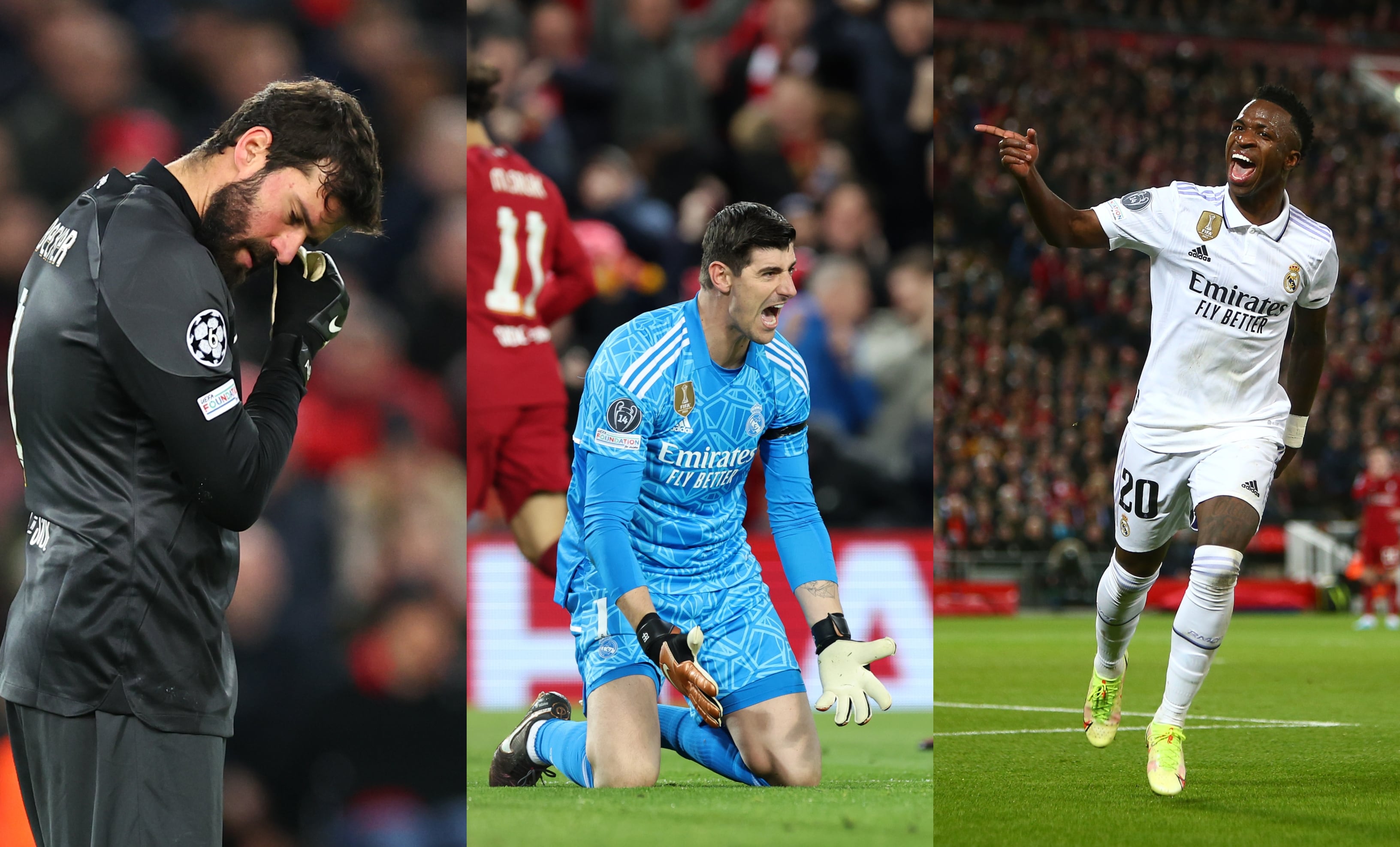 Alisson, Courtois y Vinícius, durante el partido en Anfield.