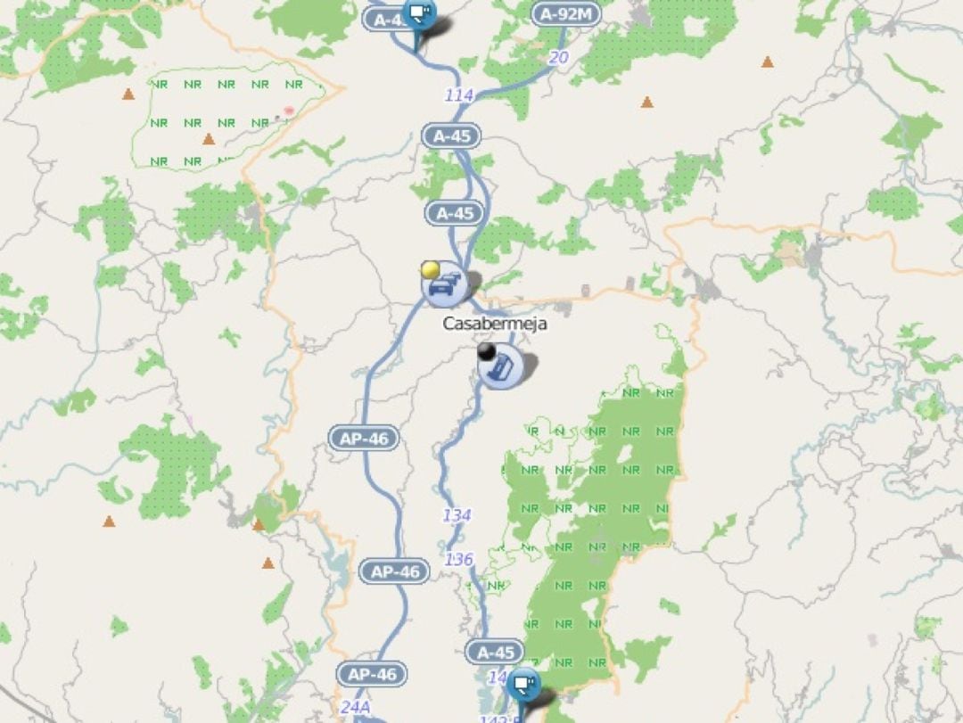 Mapa con la zona del accidente en la A-45