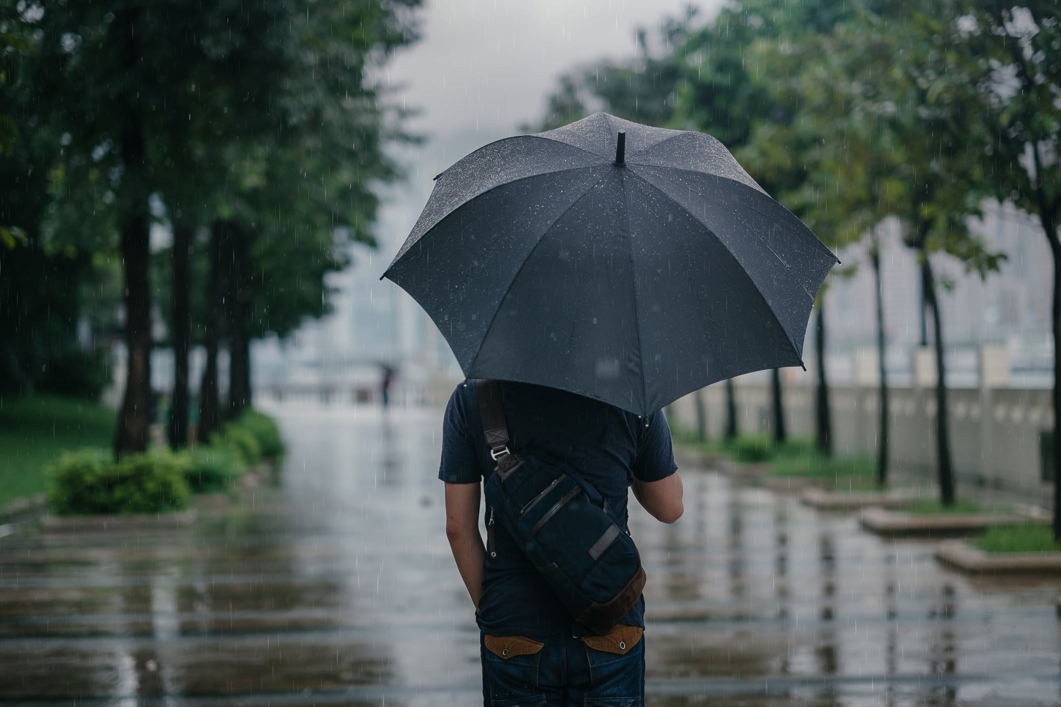 Un hombre con mochila pasea bajo la lluvia resguardado en su paraguas.