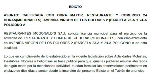 Petición de licencia municipal para la apertura del primer restaurante McDonalds en Valdepeñas (Ciudad Real)