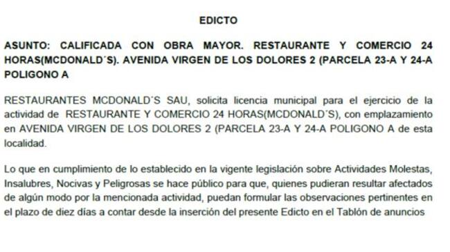 Petición de licencia municipal para la apertura del primer restaurante McDonalds en Valdepeñas (Ciudad Real)