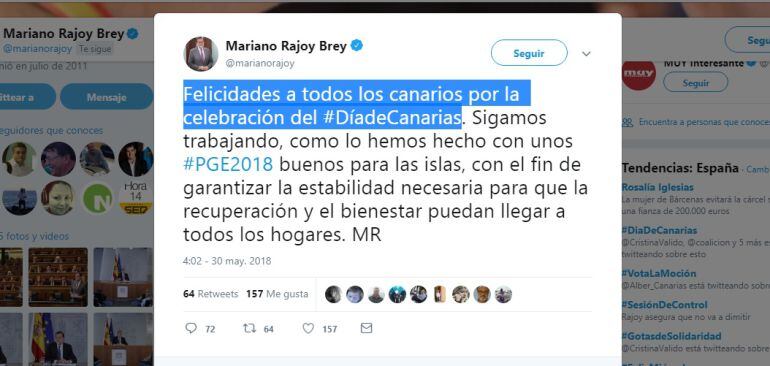 Rajoy se acuerda de la celebración del Día de Canarias