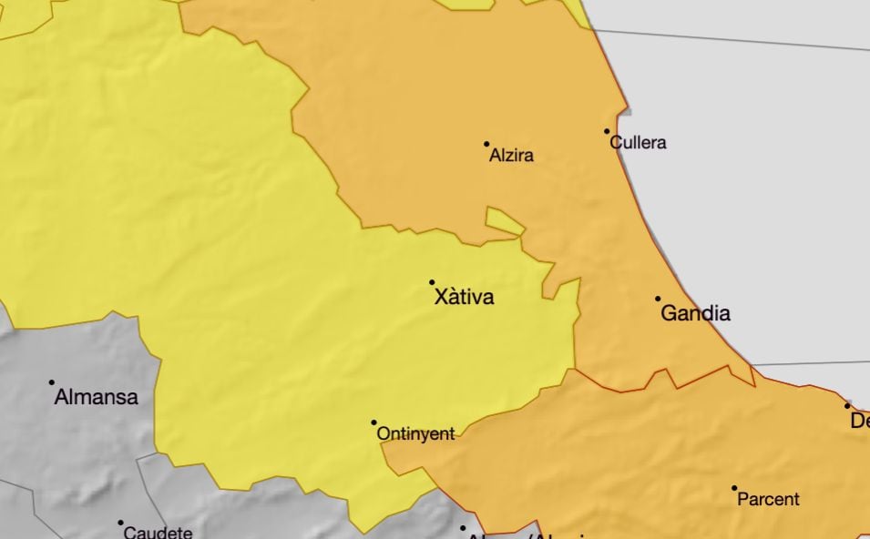 Mapa de avisos según AEMET. Fuente: AEMET CV