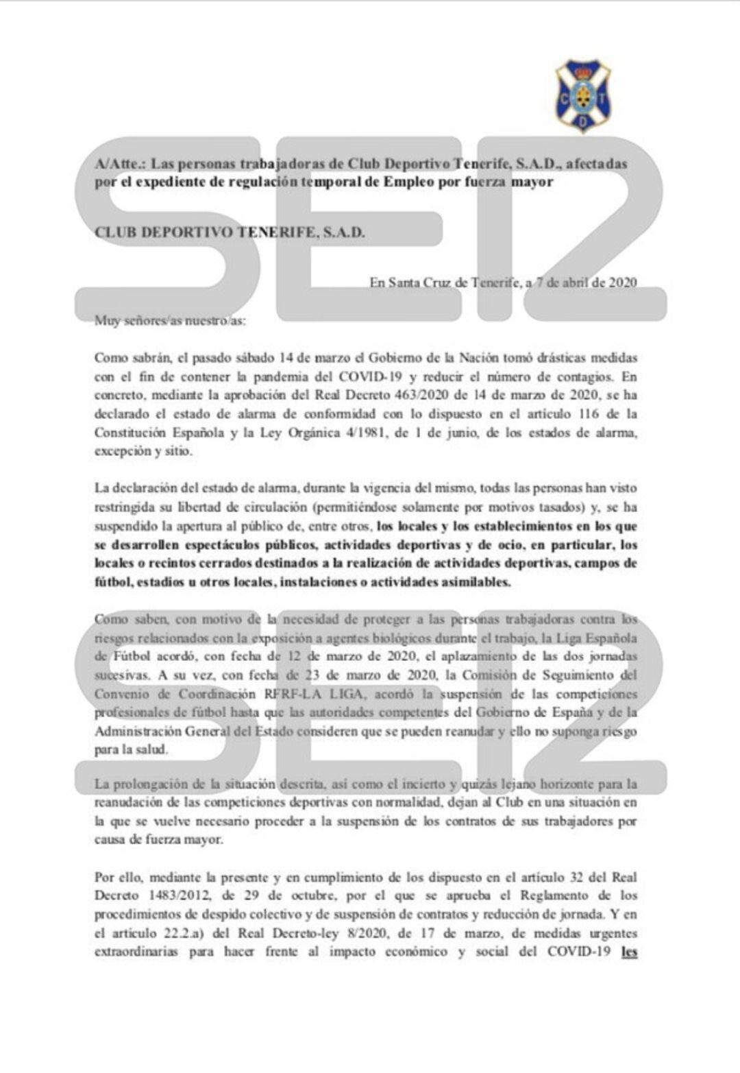 Documento remitido por el club a los trabajadores a los que se suspende el contrato.