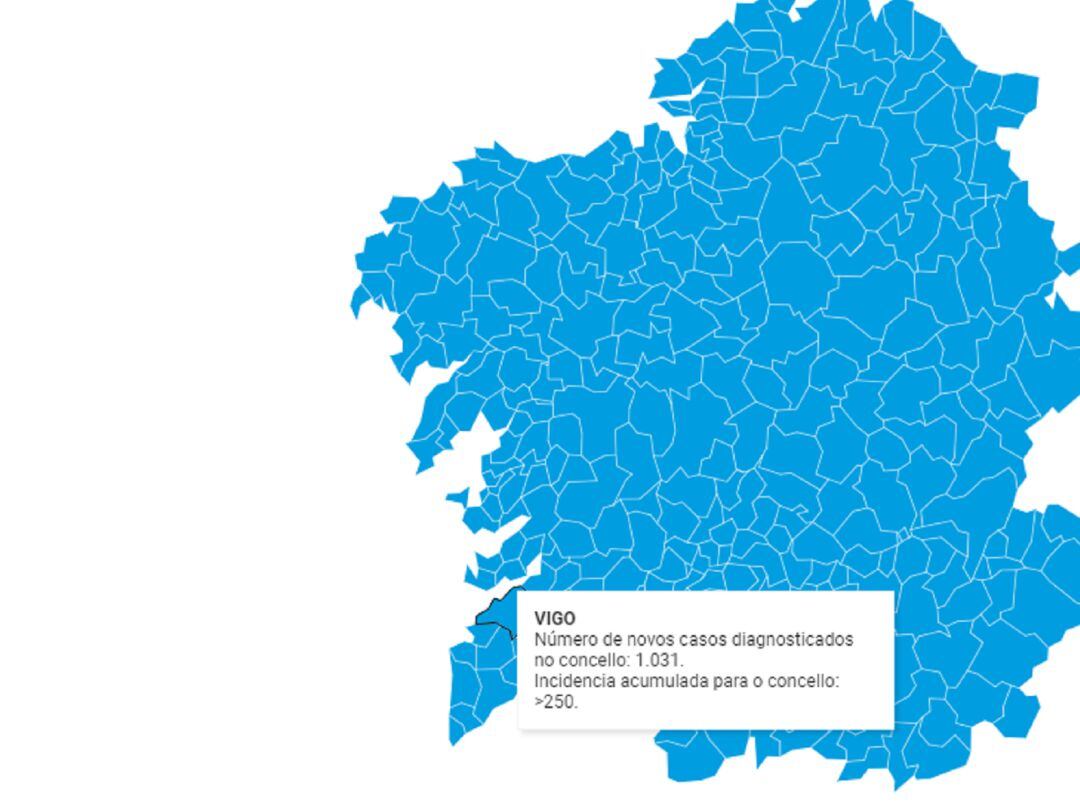 La Xunta sustituye el mapa de colores por uno azul con los nuevos casos en los últimos 15 días en los diferentes concellos.