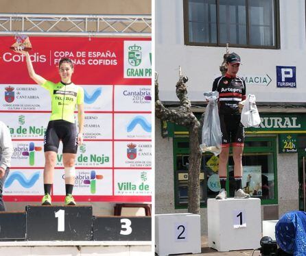 Sara Martín y Alejandro Franco en el podio con sus premios de montaña.