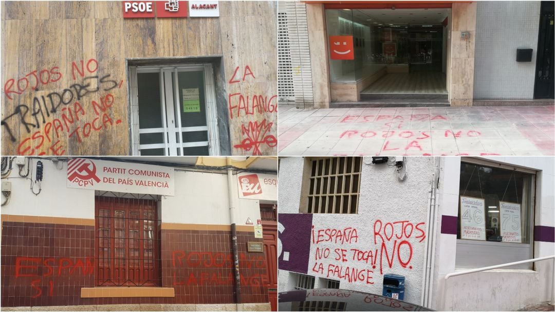 Pintadas en las sedes de PSOE, EU, Compromís y Podemos en Alicante