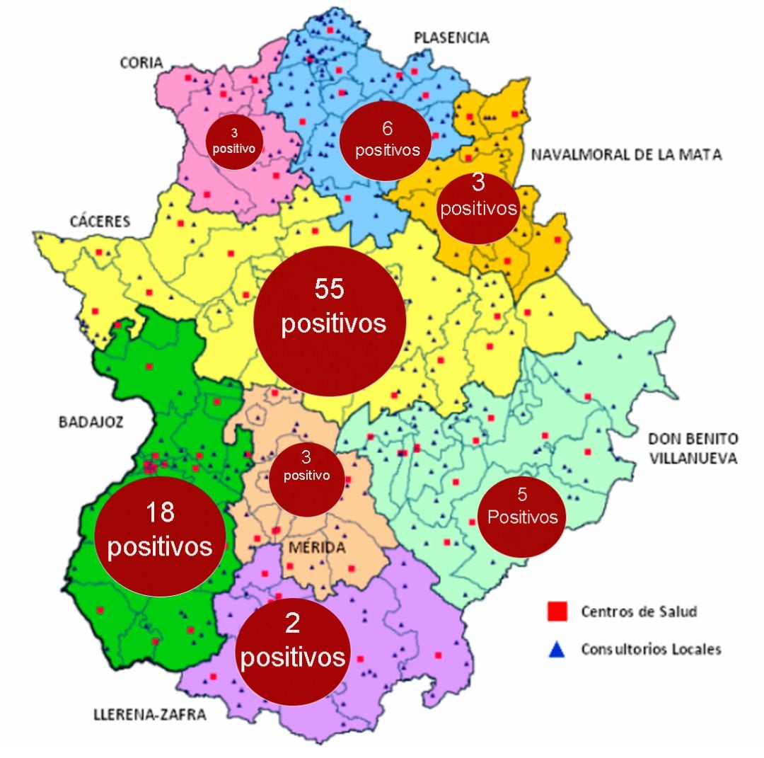 Aumentan en 25 los casos de coronavirus en la región, se llega a los 90, sobre todo en el área de Cáceres, mostramos los casos cconfirmados sobre el mapa de áreas de salud de la Junta de Extremadura