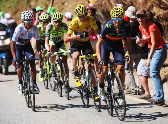 MODANE VALFREJUS, FRANCE - JULY 25: (L-R) Nairo Quintana of Colombia and Movistar Team, Alberto Contador of Spain and Tinkoff-Saxo, Chris Froome of Great Britain and Team Sky and Alejandro Valverde of Spain and Movistar Team ride up the Alpe d&#039;Huez during