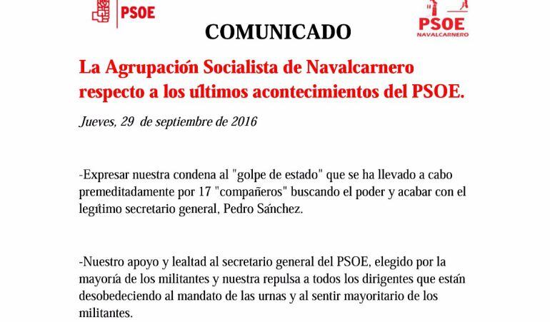 Comunicado de la agrupación socialista de Navalcarnero