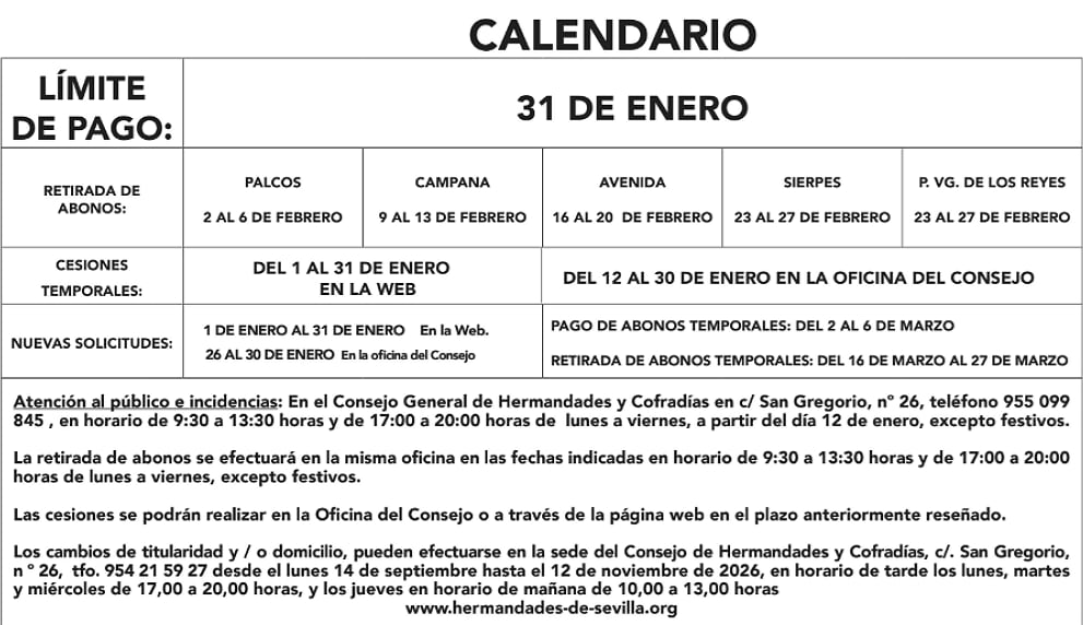 Calendario para la renovación de los abonos de sillas y palcos para la Semana Santa de 2026