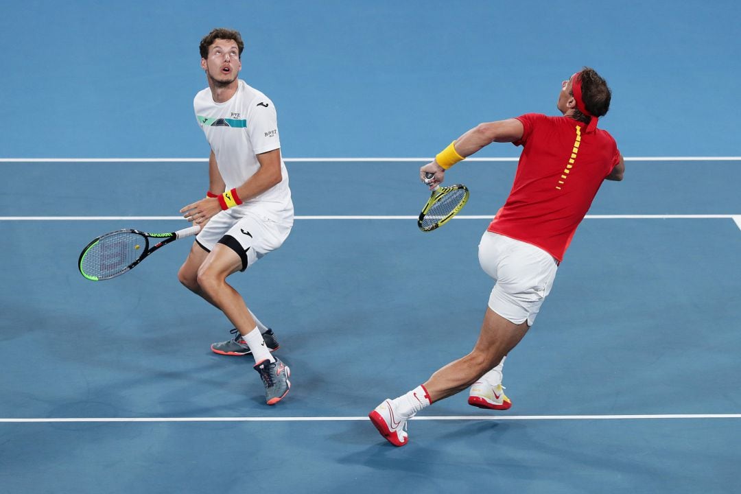 Carreño y Nadal, en el partido de dobles ante Bélgica en la ATP Cup.