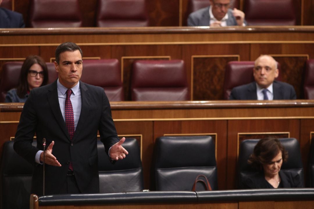 El presidente del Gobierno, Pedro Sánchez, durante su intervención en el Pleno del Congreso de los Diputados este miércoles