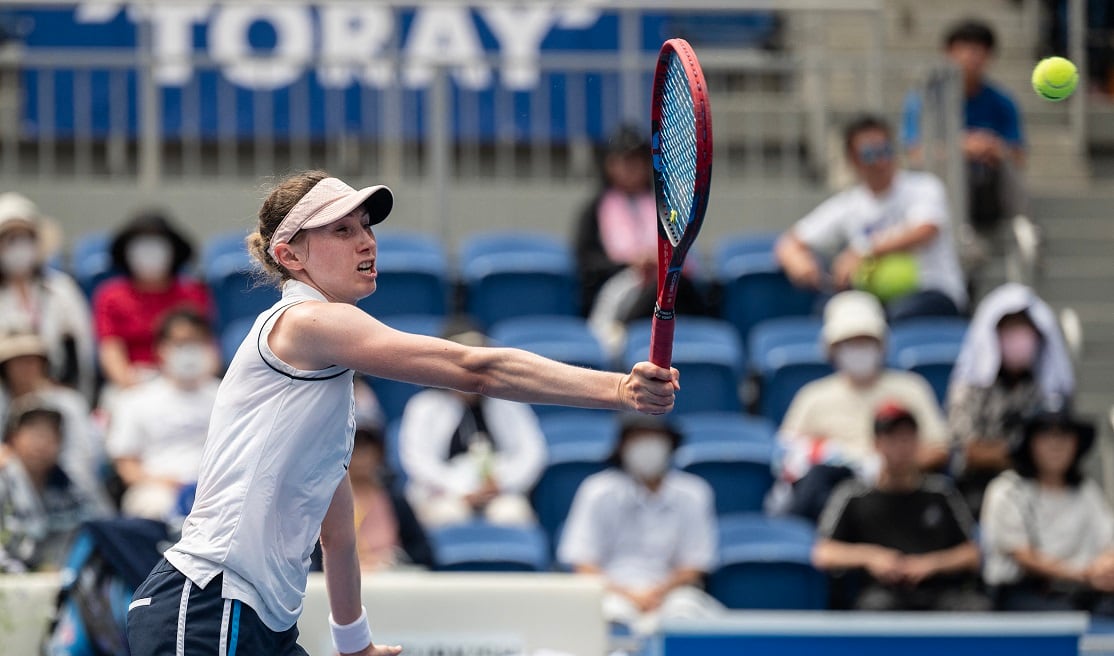 Cristina Bucsa of Spain hits a return volley against Jessica Pegula of the US during their women&#039;s singles match on day three of the Pan Pacific Open tennis tournament in Tokyo on September 27, 2023. (Photo by Richard A. Brooks / AFP) (Photo by RICHARD A. BROOKS/AFP via Getty Images)