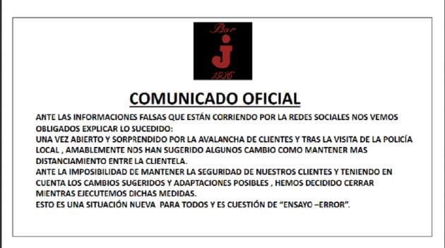 Comunicado emitido por la dirección del Bar Jota