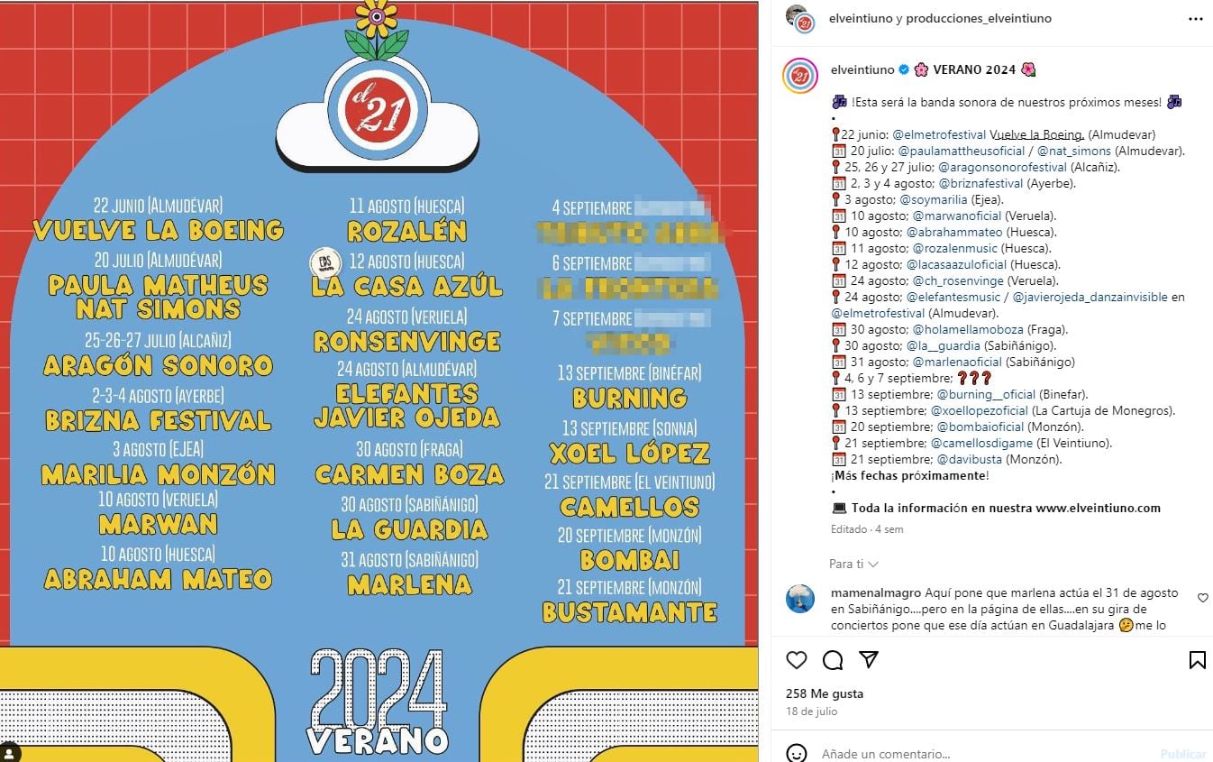 Artistas que mueve El Veintiuno por fiestas o festivales, en el Instagram de la productora musical