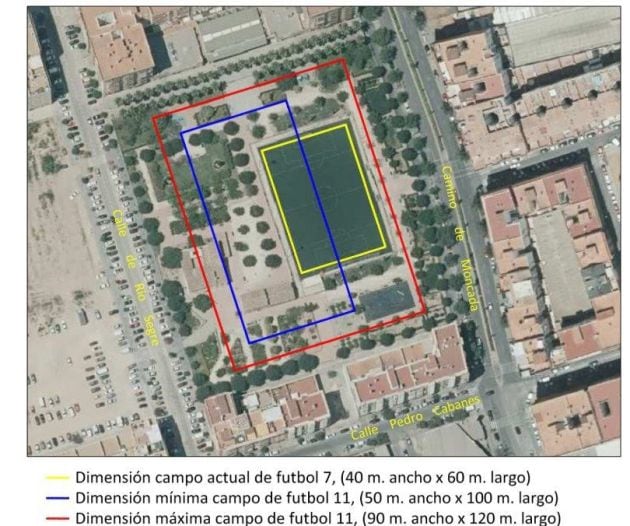 Figuración de cómo quedaría el parque después de la ampliación del campo de fútbol