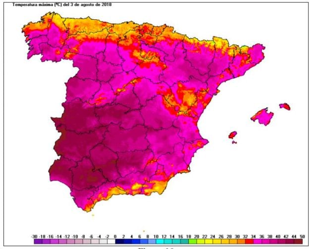 Temperaturas máximas registradas en la ola de calor de agosto de 2018.