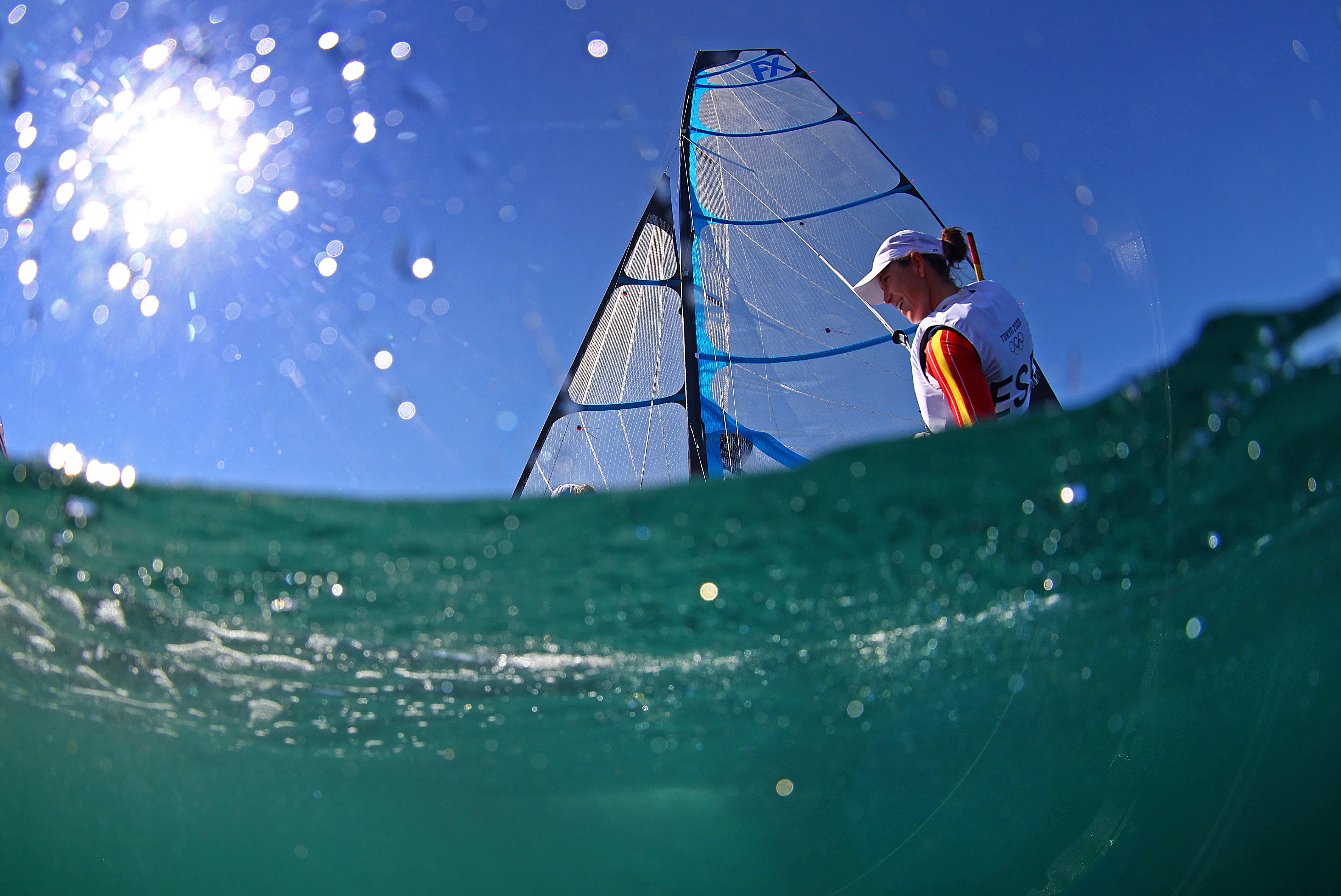 TOKYO, JAPAN - JULY 21: Tamara Echegoyen Dominguez and Paula Barcelo Martin of Team Spain sail their 49er FX class skiff during practice ahead of the Tokyo 2020 Olympic Games on July 21, 2021 in Tokyo, Japan. (Photo by Clive Mason/Getty Images)