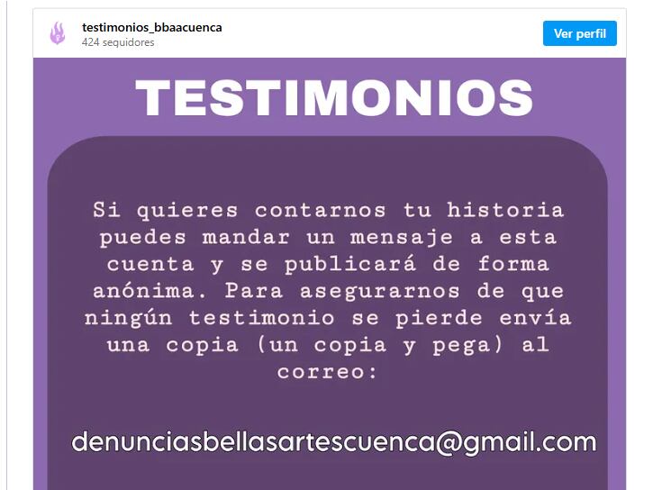 Publicación de Instagram por uno de los colectivos organizados en la que se instá a toda aquella que haya sufrido acoso o conductas inapropiadas en la Facultad de Bellas Artes de Cuenca, UCLM, a contar su testimonio.