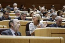 La portavoz de UPyD, Rosa Díez, durante la comparecencia del presidente del Gobierno