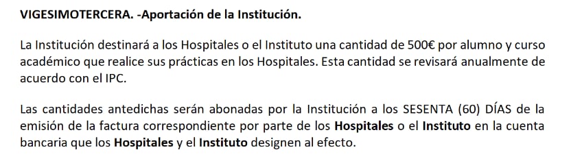 Cláusula del convenio donde se establece el precio de las prácticas.