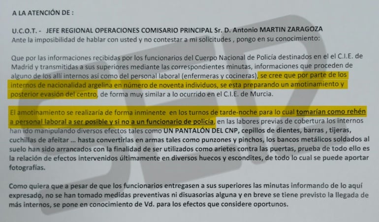 Carta remitida al jefe regional de operaciones de la Policía Nacional en Madrid.