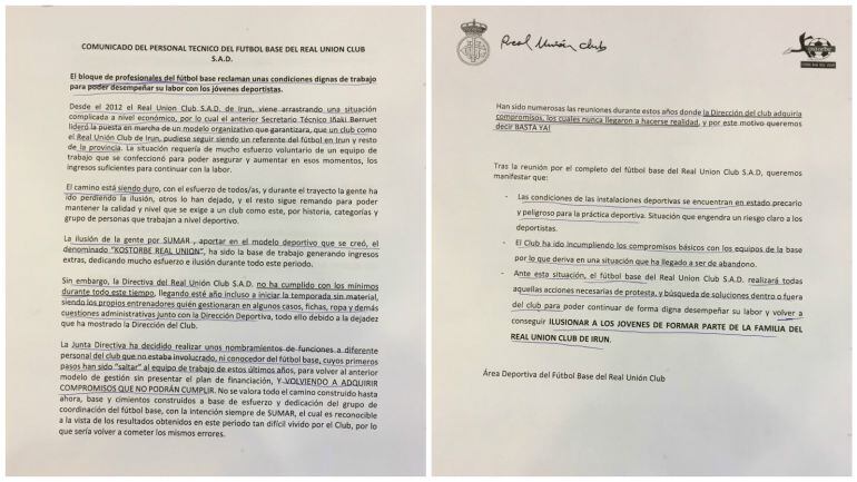 Comunicado íntegro del grupo de trabajadores del fútbol base del Real Unión