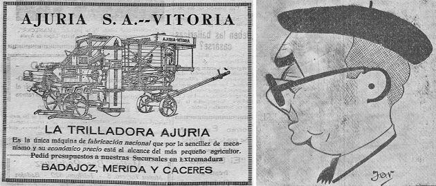 Publicidad de la trilladora y caricatura de Moisés Armentia