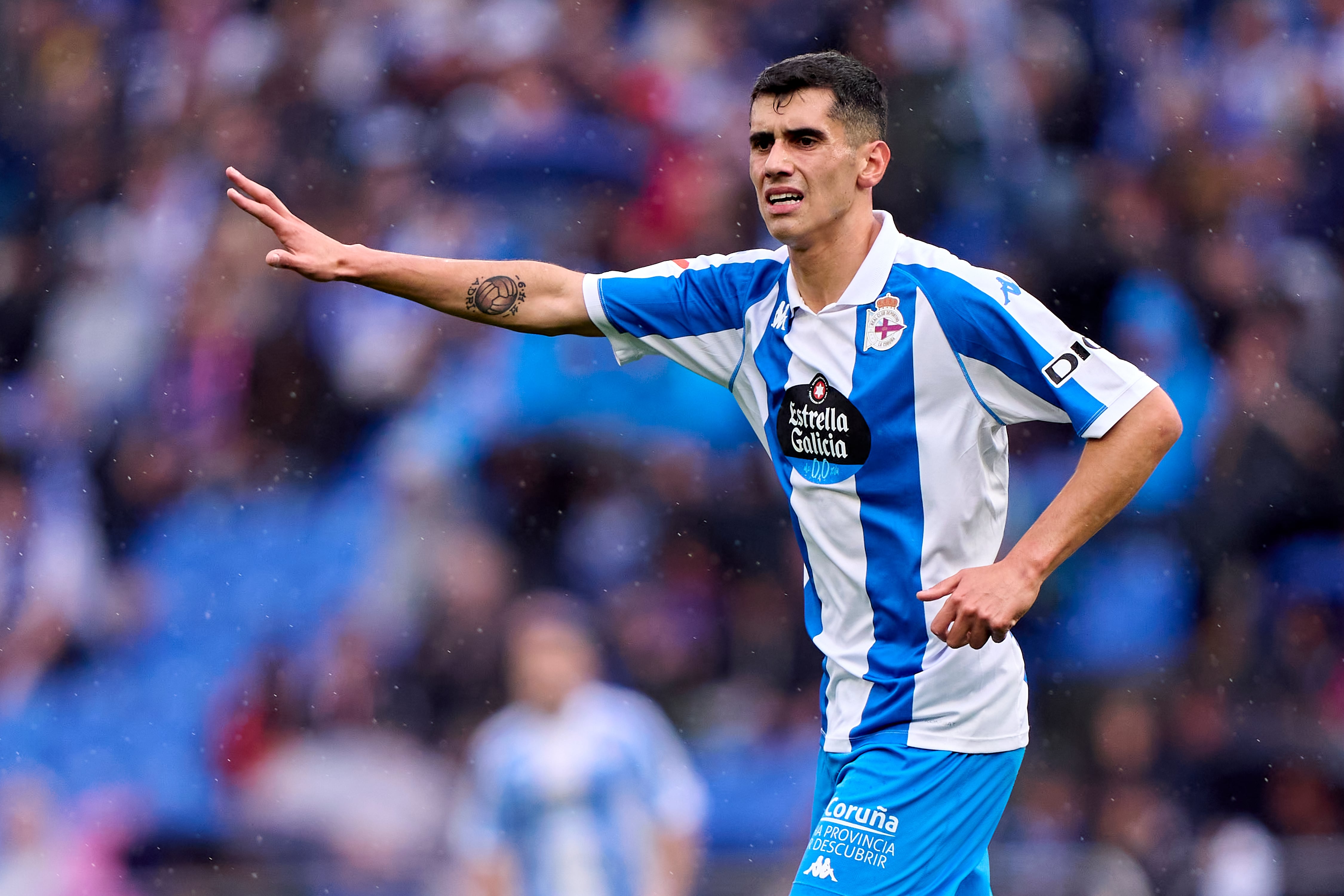 Diego Villares of RC Deportivo de La Coruna reacts during the LaLiga Hypermotion match between RC Deportivo de La Coruna and Real Sporting de Gijon at Abanca Riazor Stadium in La Coruna, Spain, on November 24, 2024. (Photo by Jose Manuel Alvarez Rey/JAR Sport Images/NurPhoto via Getty Images)