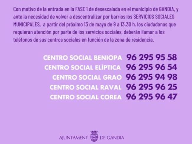 Teléfonos de los centros sociales de Gandia