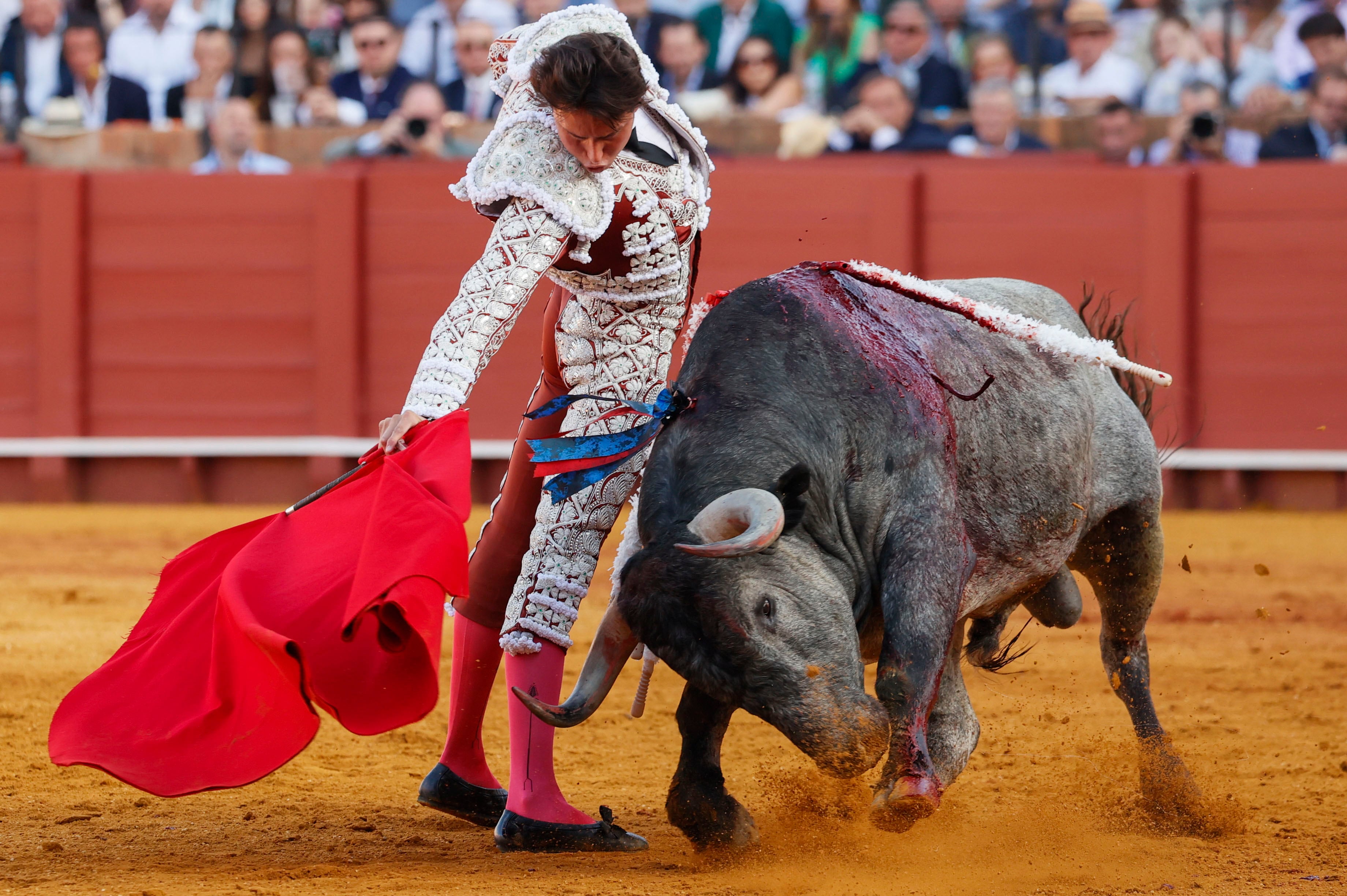 SEVILLA, 13/04/2024.- El diestro peruano Roca Rey en su faena al primero de su lote durante la corrida celebrada hoy sábado en la plaza de toros La Maestranza de Sevilla. EFE / José Manuel Vidal.
