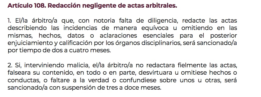 Artículo 108 Código Disciplinario RFEF