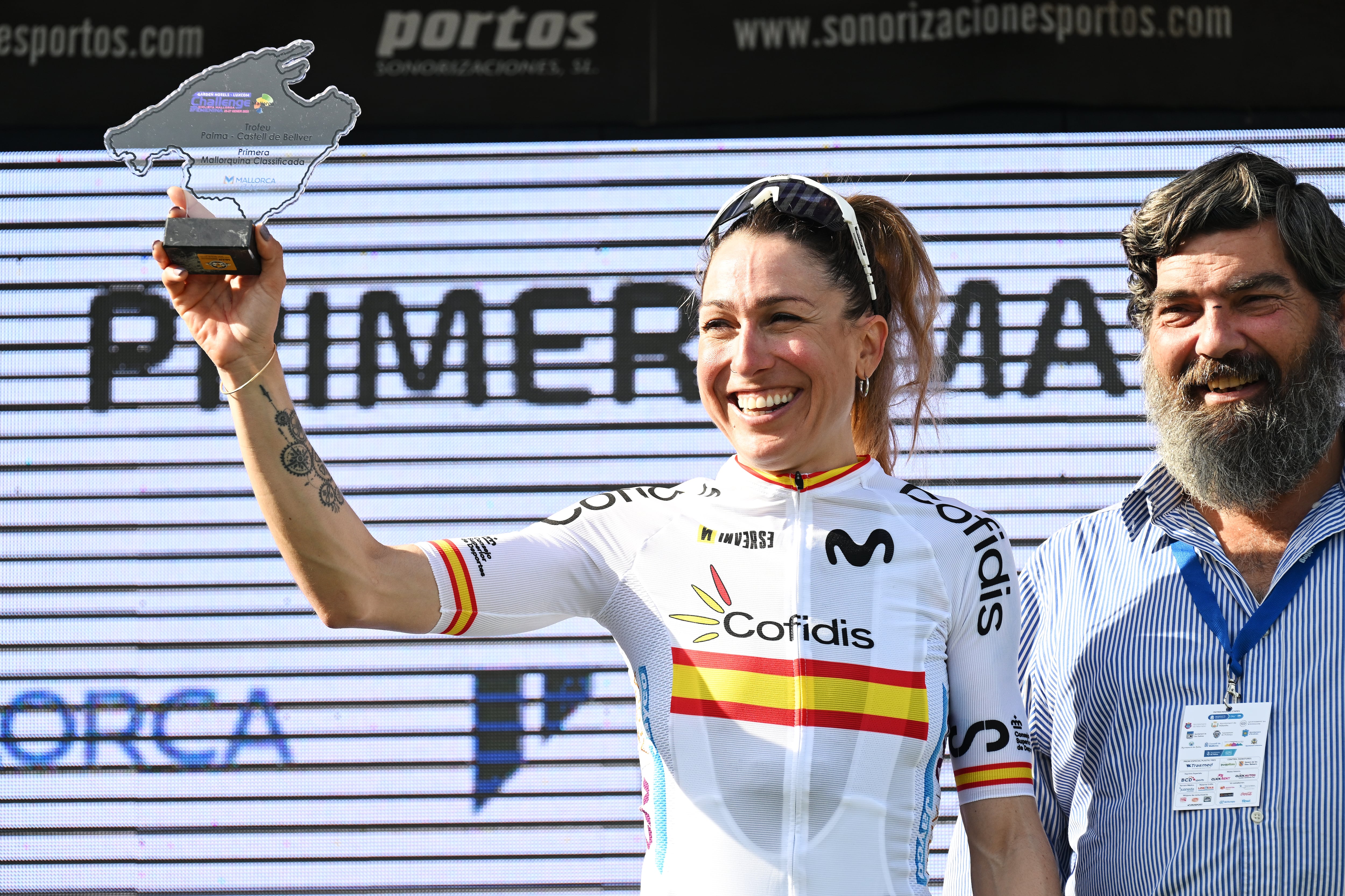 CASTELL DE BELLVER - PALMA DE MALLORCA, SPAIN - JANUARY 26: Mavi Garcia of Spain and Team Spain celebrates at podium as second place winner during the 2nd Challenge Femenino Ciclista Mallorca 2025 - Trofeo Palma a 129.5km one day race from Palma to Castell de Bellver 105m on January 26, 2025 in Castell de Bellver - Palma de Mallorca, Spain. (Photo by Tim de Waele/Getty Images)