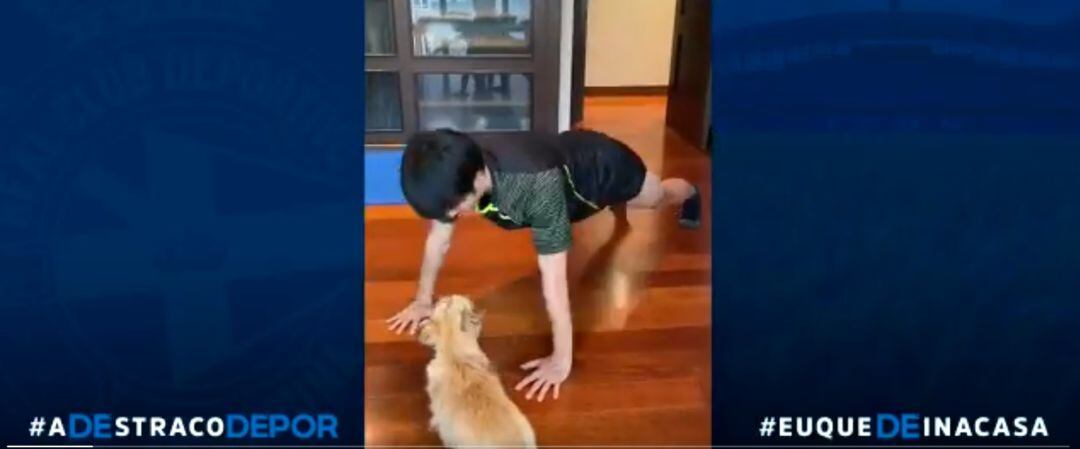 Gaku Shibasaki se ejercita ante la mirada de su perro