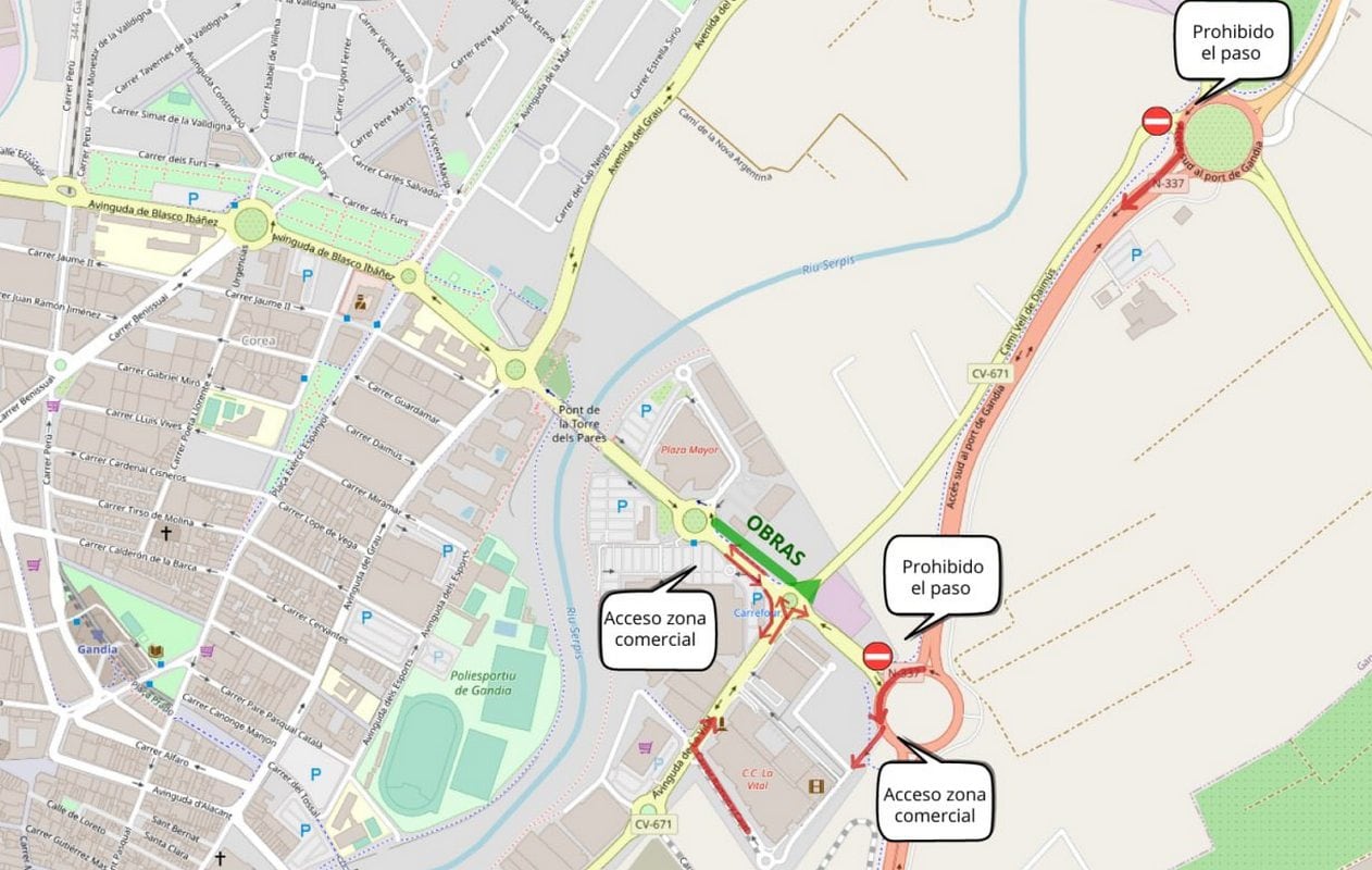 Mapa del nuevo corte de tráfico en Gandia