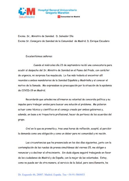 Carta de renuncia de Emilio Bouza