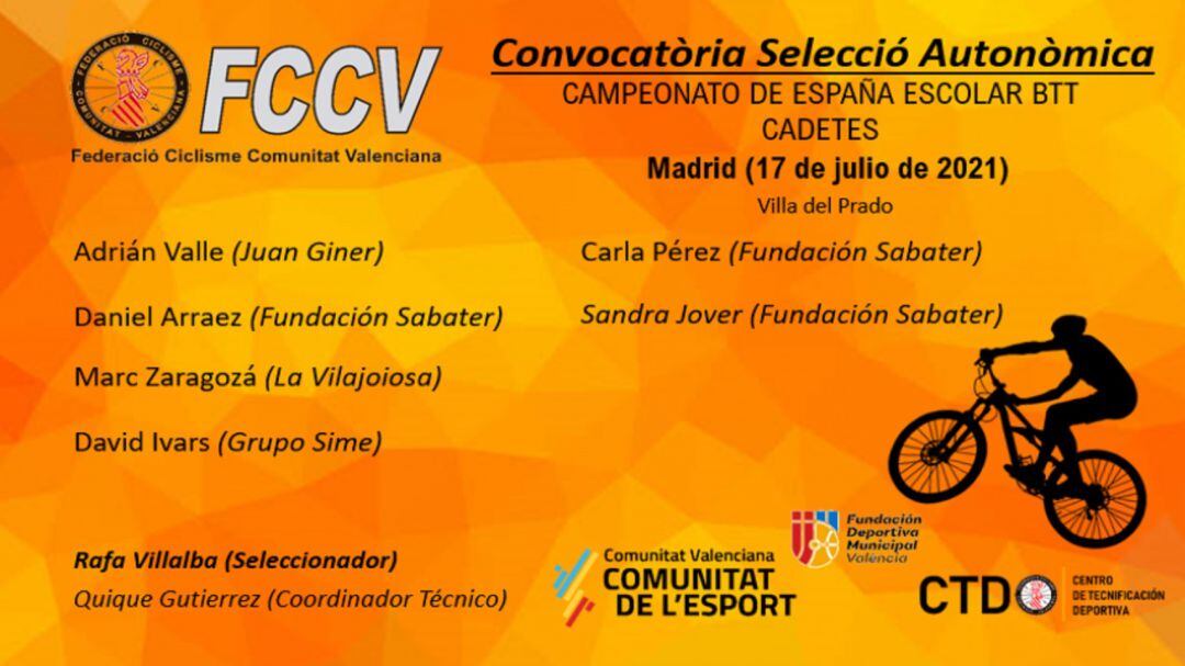 Convocatoria de la Selección Valenciana para el Campeonato de España BTT cadete