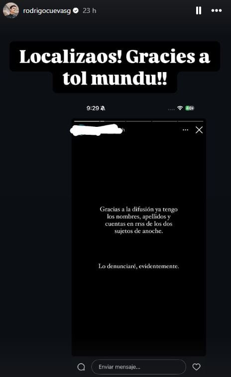 El mensaje en el Instagram de Rodrigo Cuevas en el que cuenta que se ha identificado a los agresores