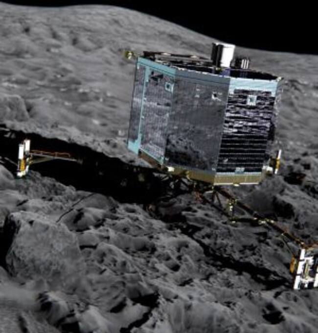 (FILES)-- This file picture released by the European Space Agency on December 20, 2013 of an artistx92s impression of Rosettax92s lander Philae (front view) on the surface of comet 67P/Churyumov-Gerasimenko. Europe's comet lander Philae has woken up overn