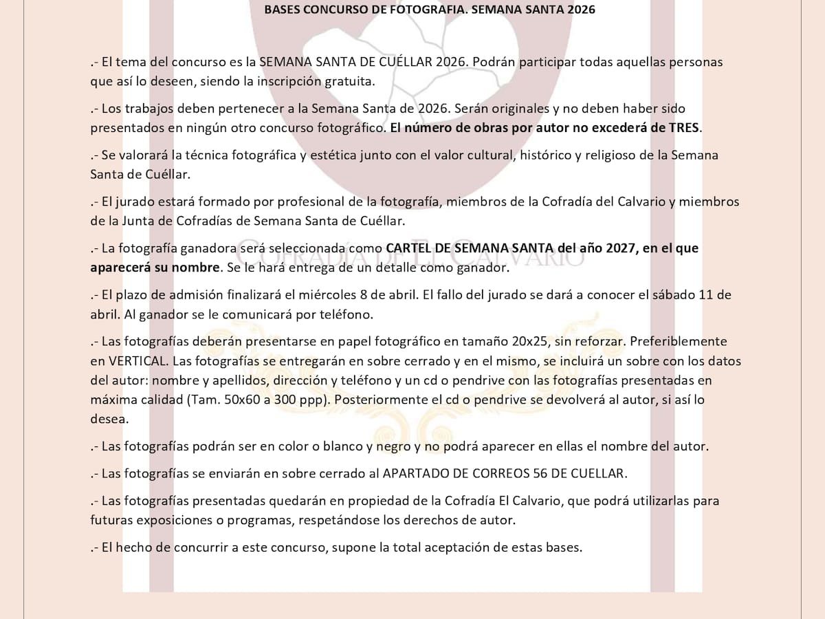 La Cofradía El Calvario de Cuéllar organiza el I Concurso de Fotografía para anunciar la Semana Santa de 2027