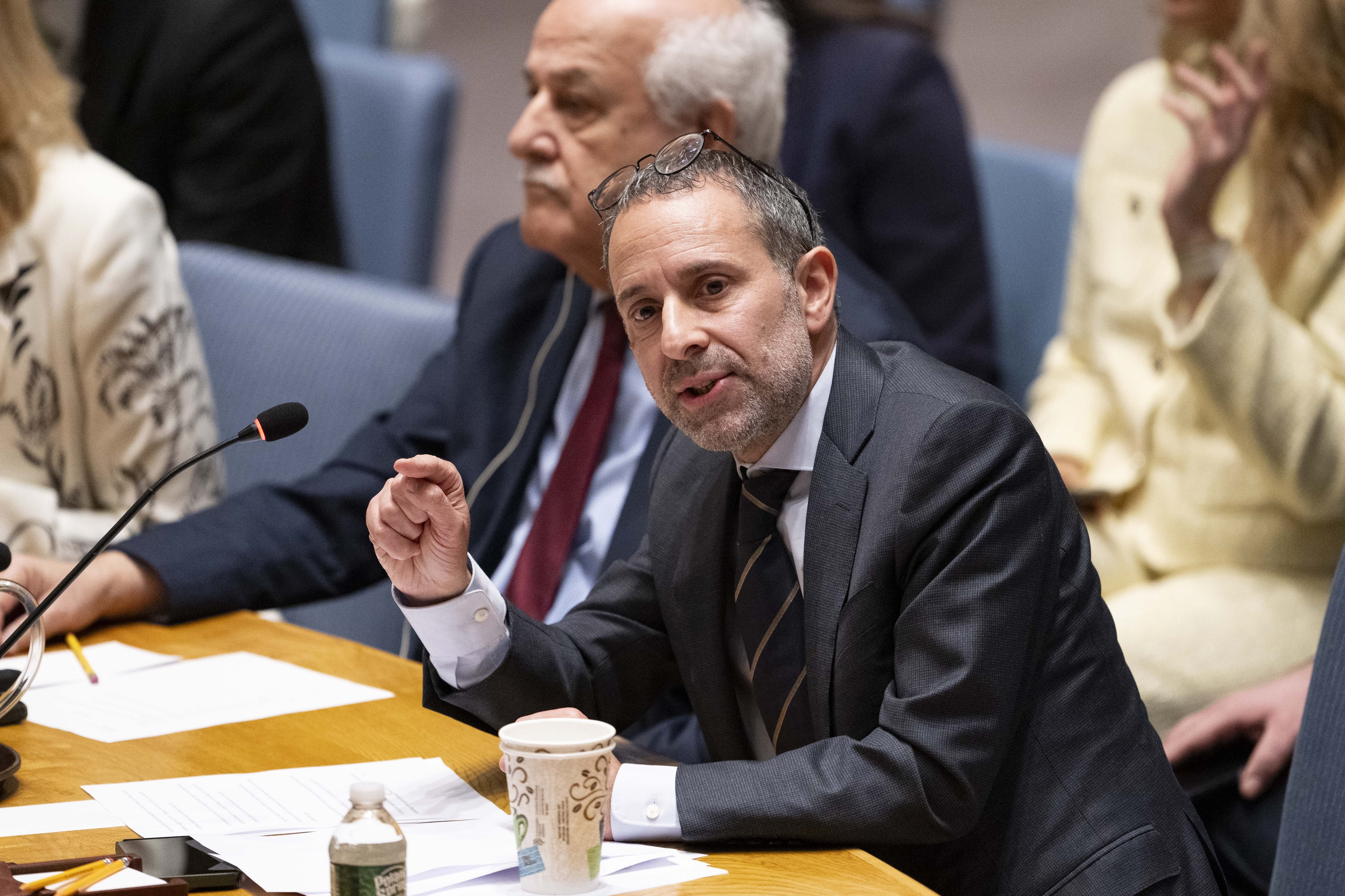 NEW YORK, UNITED STATES - FEBRUARY 25: Daniel Levy, President of USMEP and former Israeli negotiator, speaks during a UN Security Council meeting on the situation in the Middle East, including the Palestinian question at United Nations Headquarters in New York City, U.S. February 25, 2025. (Photo by Mostafa Bassim/Anadolu via Getty Images)
