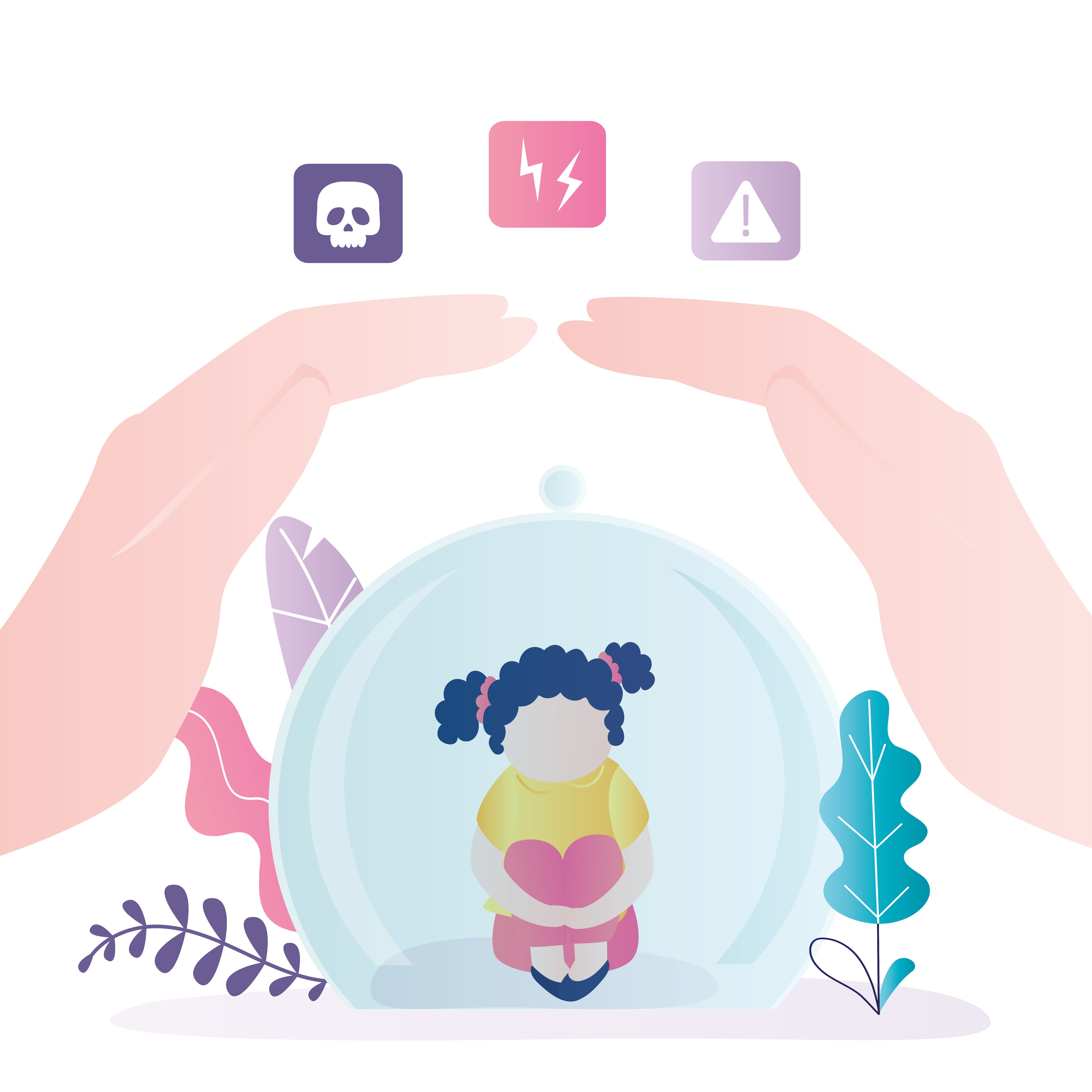 Little girl closed under glass dome. Parents shelter daughter from all dangers. Concept of overprotection of children. Lonely teenager sitting under protection. Big hands cover glass jar. Flat Vector