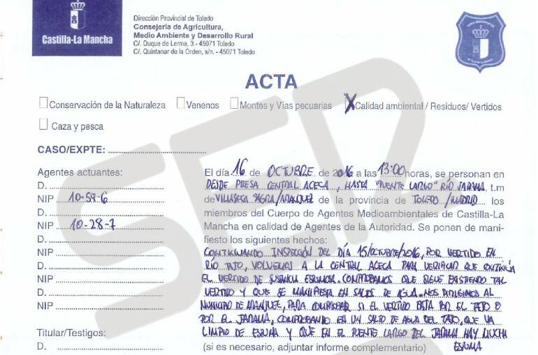 Acta de la inspecci&amp;oacute;n realizada el 16 de octubre por los agentes medioambientales