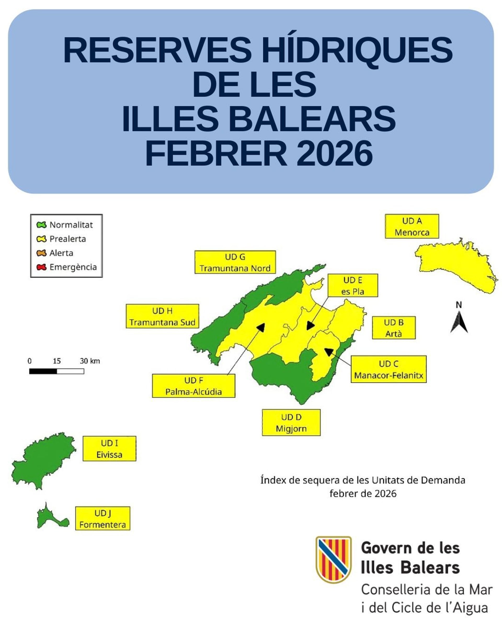 07/03/2026 Las reservas hídricas de Baleares aumentan hasta el 58% en febrero.
Las reservas hídricas de Baleares se han situado en el 58% durante el pasado mes de febrero, lo que supone un incremento de siete puntos porcentuales respecto a enero, cuando se encontraban en el 51%.

SOCIEDAD 
CAIB
