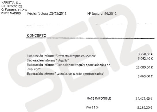 Imagen de la factura pagada al despacho vinculado a Gustavo de Arístegui por un informe sobre India cuando ya era embajador