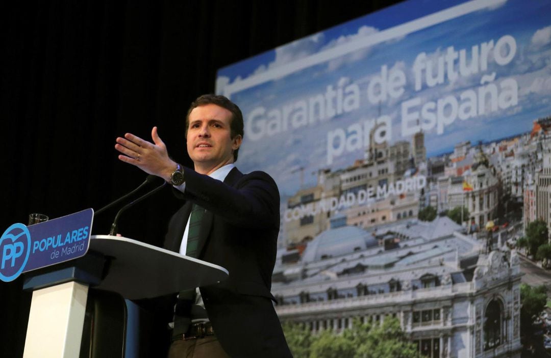 El presidente del PP, Pablo Casado, durante su intervención en la presentación