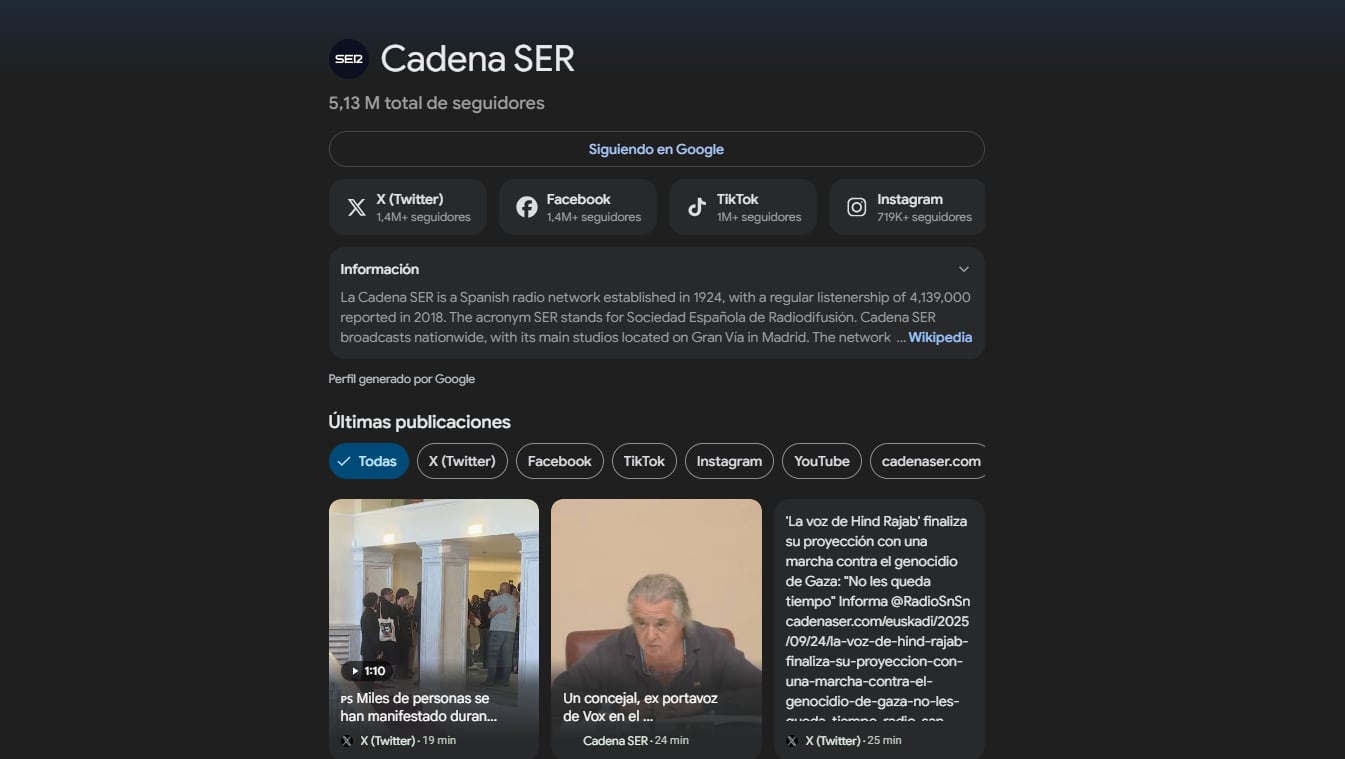 Perfil de la SER en Google