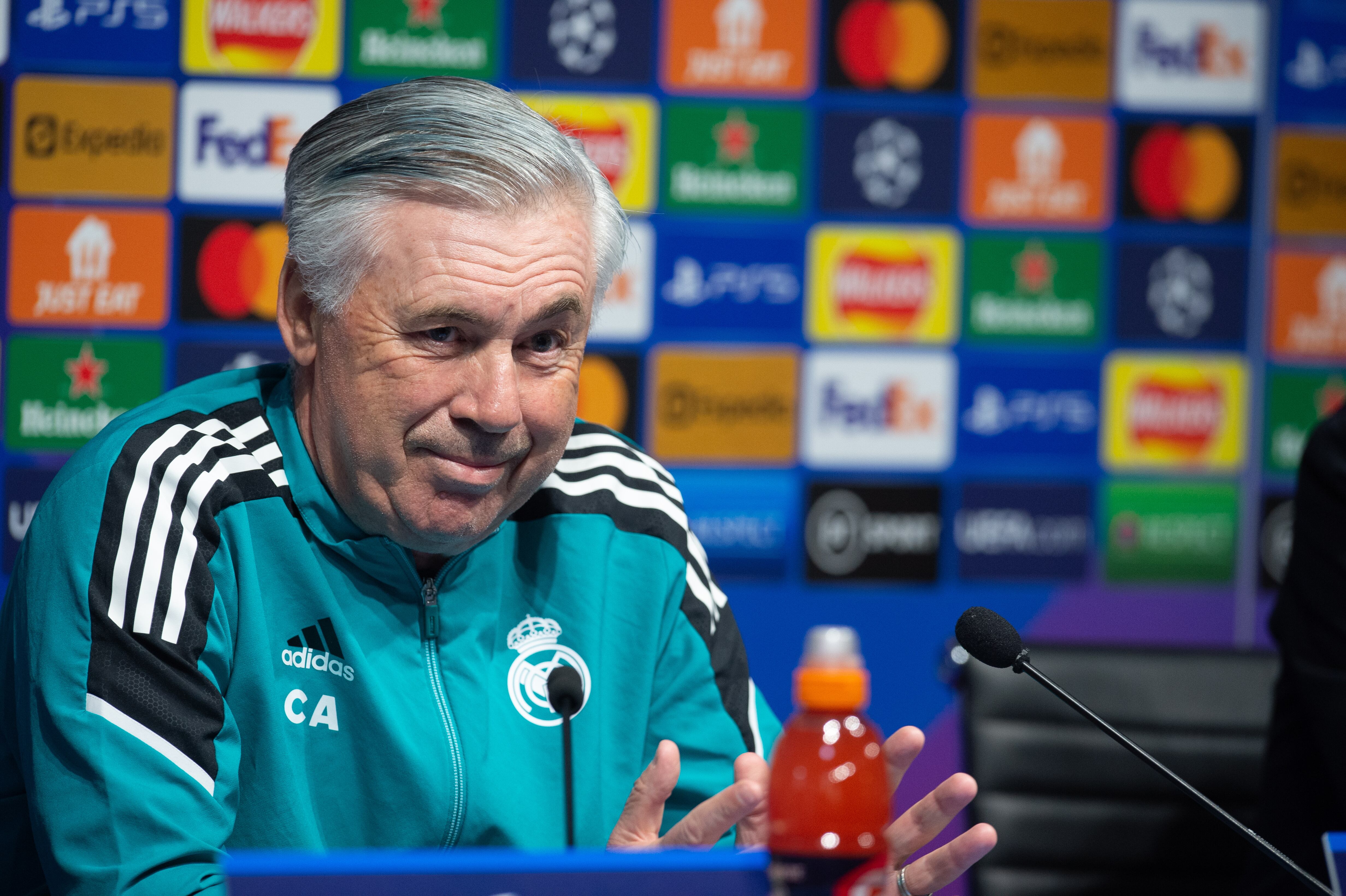 Carlo Ancelotti atiende a la rueda de prensa previa al Manchester City-Real Madrid