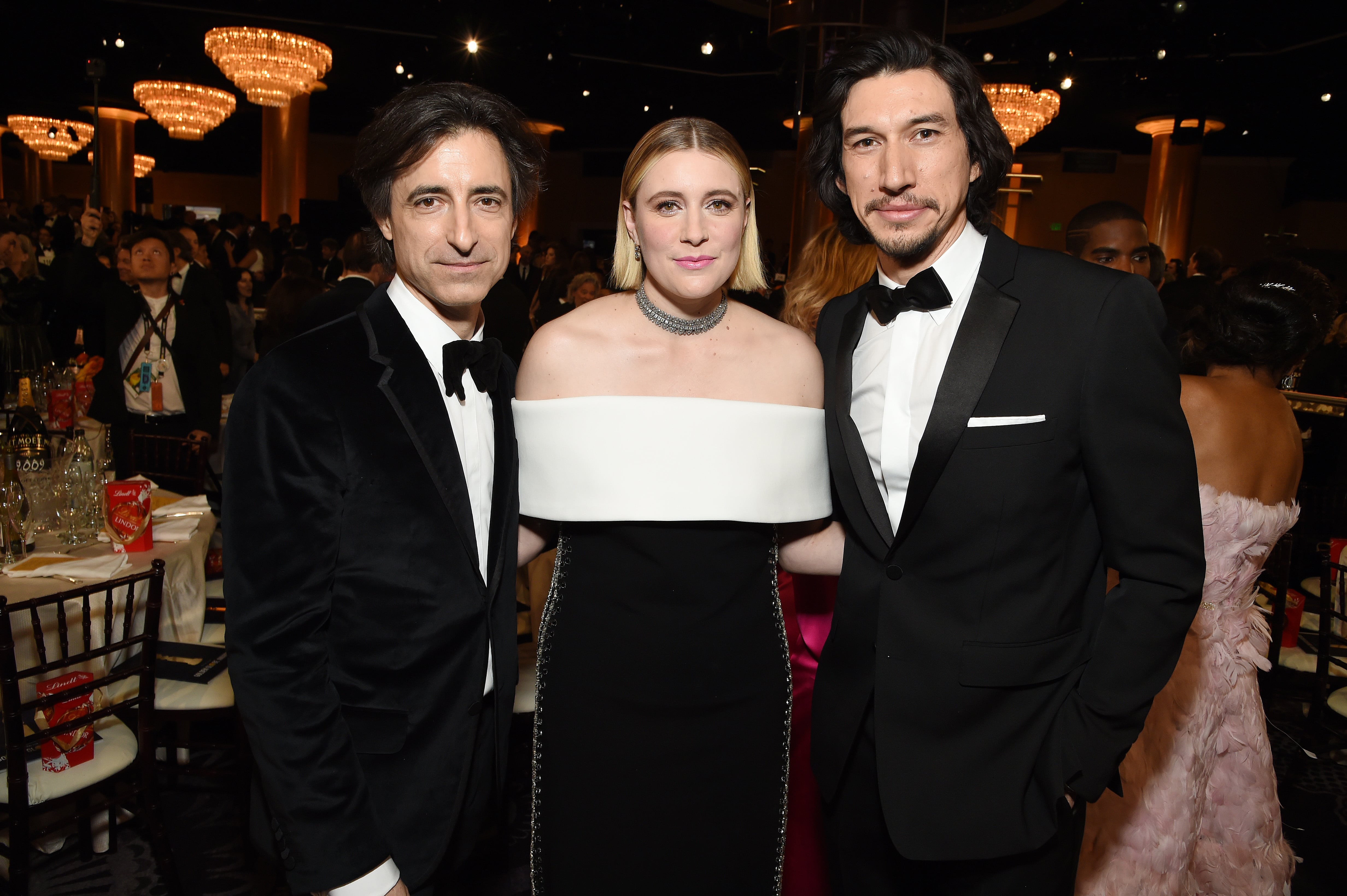 BEVERLY HILLS, CALIFORNIA - JANUARY 05: (L-R) Noah Baumbach, Greta Gerwig, and  Adam Driver attend the 77th Annual Golden Globe Awards at The Beverly Hilton Hotel on January 05, 2020 in Beverly Hills, California. (Photo by Michael Kovac/Getty Images for Moët and Chandon )